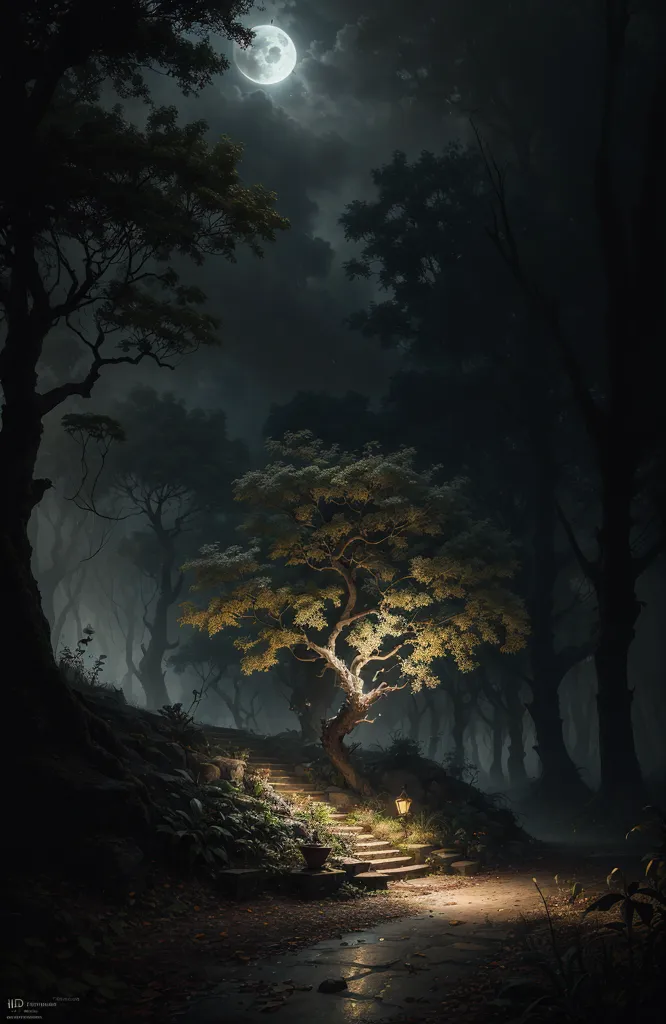 The image is a dark forest at night. There is a full moon shining through the trees. A single tree in the foreground is illuminated by the moonlight. There is a path leading up to the tree. The path is lit by a lantern.