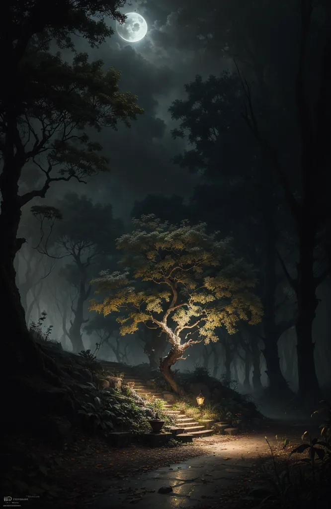 L'image représente une forêt sombre la nuit. Il y a une pleine lune qui brille à travers les arbres. Un seul arbre au premier plan est éclairé par la lumière de la lune. Il y a un chemin menant à l'arbre. Le chemin est éclairé par une lanterne.