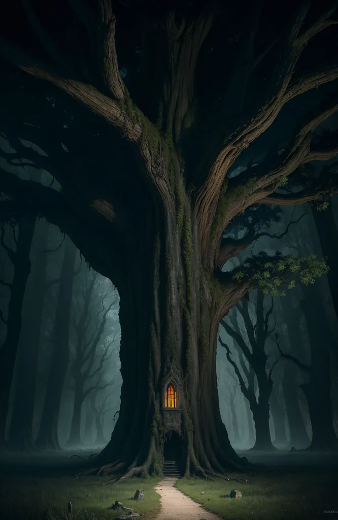 The image is a digital painting of a large tree with a door in it. The tree is in a dark forest and the only light comes from the door. The door is made of wood and has a round window in it. The tree is very large and has a lot of branches. The branches are covered in leaves. The ground around the tree is covered in grass and there are some rocks on the ground.