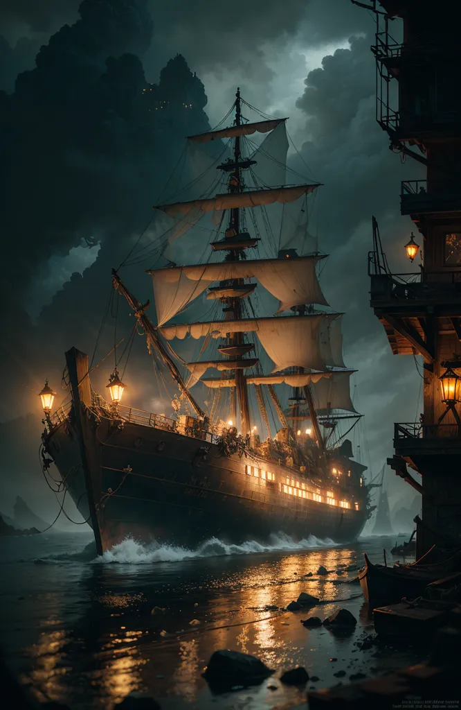 The image is a digital painting of a pirate ship at night. The ship is docked at a wooden pier in a small harbor. The ship is black with tattered sails and a large crow's nest. The ship is lit by several lanterns. There are several buildings on the pier. The buildings are made of wood and have thatched roofs. There are several people on the pier. The people are wearing cloaks and hats. The water in the harbor is dark and choppy. The sky is dark and cloudy. There is a full moon in the sky.