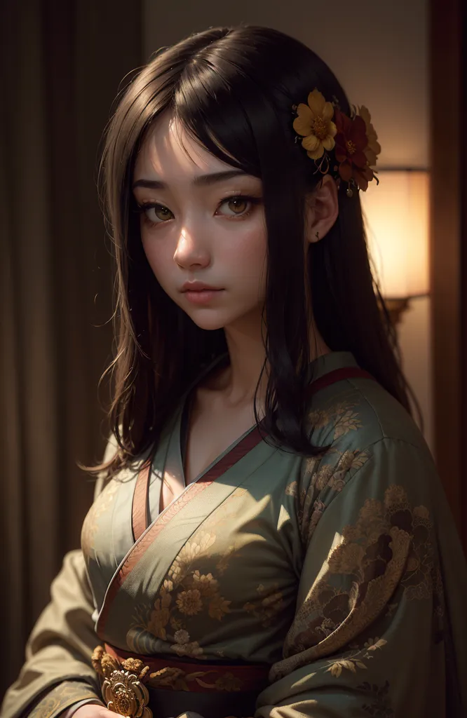 The image is a portrait of a young woman. She has long, dark hair with yellow flowers in it. She is wearing a green kimono with a floral pattern. The kimono is tied with a red obi. The woman's skin is fair and flawless. Her eyes are dark brown and her lips are slightly parted. She is looking at the viewer with a serene expression. The background is a blur of light and dark colors.
