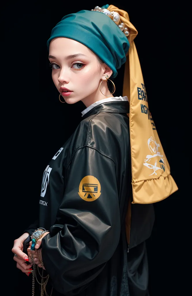 This is a portrait of a young woman. She is wearing a black jacket with yellow and white designs on it. The jacket is unzipped, showing a white shirt underneath. She is also wearing a blue headscarf with white pearls around the edge. The headscarf is tied in a knot at the back of her head. She has brown eyes and is wearing light makeup. She is looking at the camera with a serious expression.