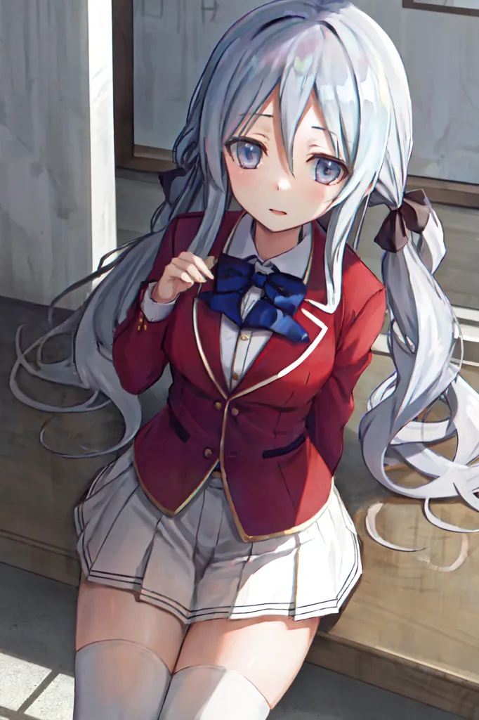 The image shows a young girl with long silver hair and blue eyes. She is wearing a red blazer with a white shirt and a gray skirt. She is sitting on a bench, with her legs crossed and her hands holding her chin. She is looking at the viewer with a slightly puzzled expression on her face. The background is a blurred image of a classroom.