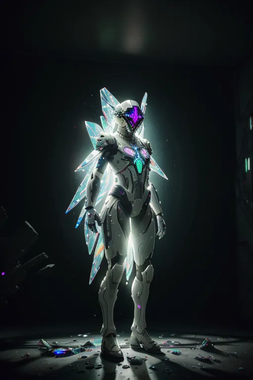 The image is a dark and mysterious scene of a futuristic warrior woman standing in a dimly lit room. She is wearing a white and light blue exoskeleton suit with glowing blue lights on her chest, arms, and legs. Her helmet is also white and has a blue visor. She has large, crystal-like wings that are spread out behind her. The room is dark and there are broken pieces of metal and glass on the floor. The woman is standing in the center of the room, her arms at her sides. She is looking straight at the viewer with a determined expression on her face.