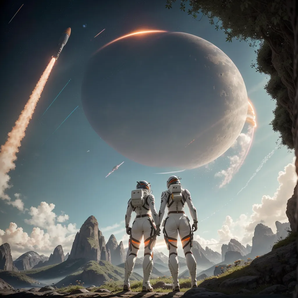 The image shows two astronauts standing on a rocky hilltop, looking out at a vast alien landscape. The sky is a deep blue, and the moon is a large, glowing orb in the distance. There are mountains in the background, and a spaceship is taking off from the surface of the moon. The astronauts are both wearing white spacesuits, and they are holding hands.