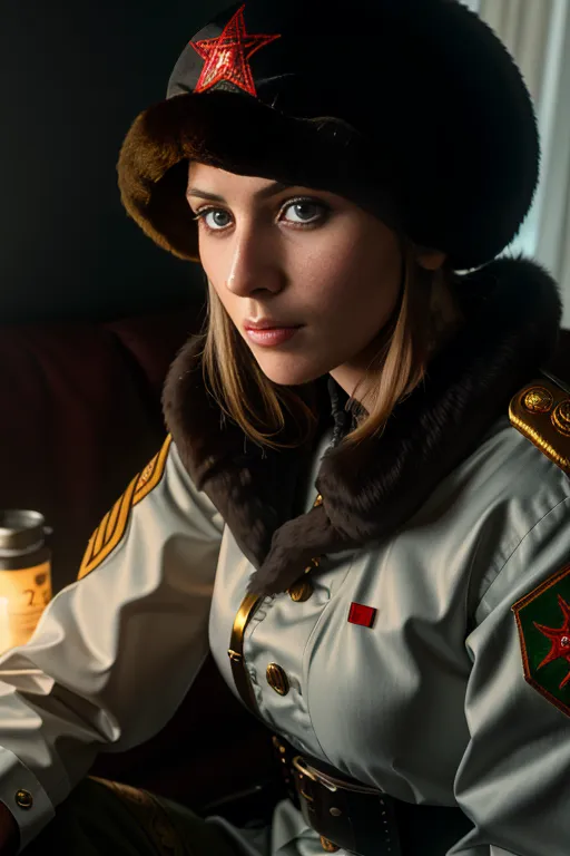 The image shows a young woman in a fur-trimmed hat and military uniform with a red star on it. She has blonde hair and blue eyes and is looking at the camera with a serious expression. She is sitting in a dark room with a red curtain in the background.