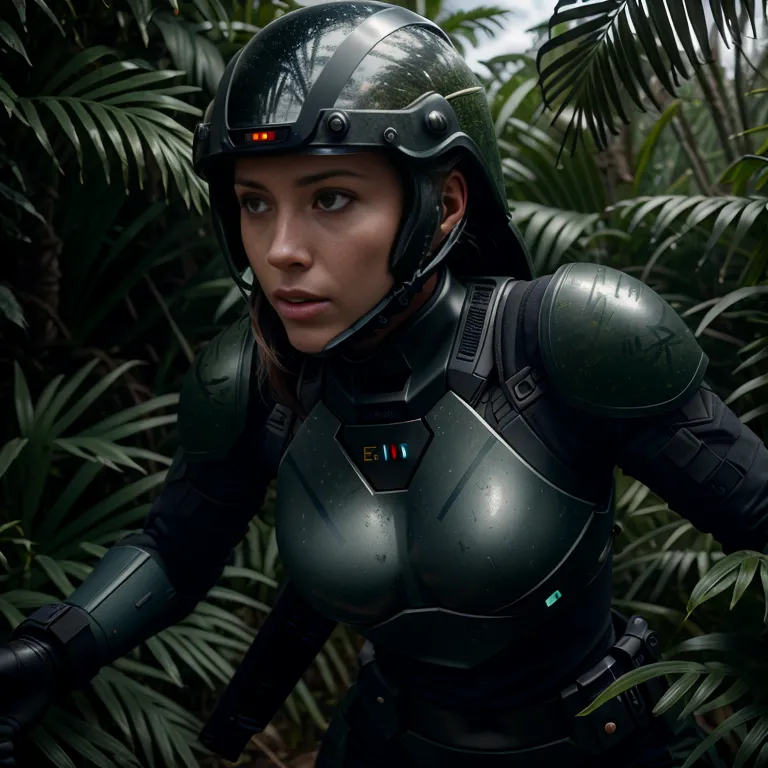 Une jeune femme portant une armure futuriste verte et un casque marche à travers une jungle dense. Elle regarde à droite avec une expression déterminée sur son visage.