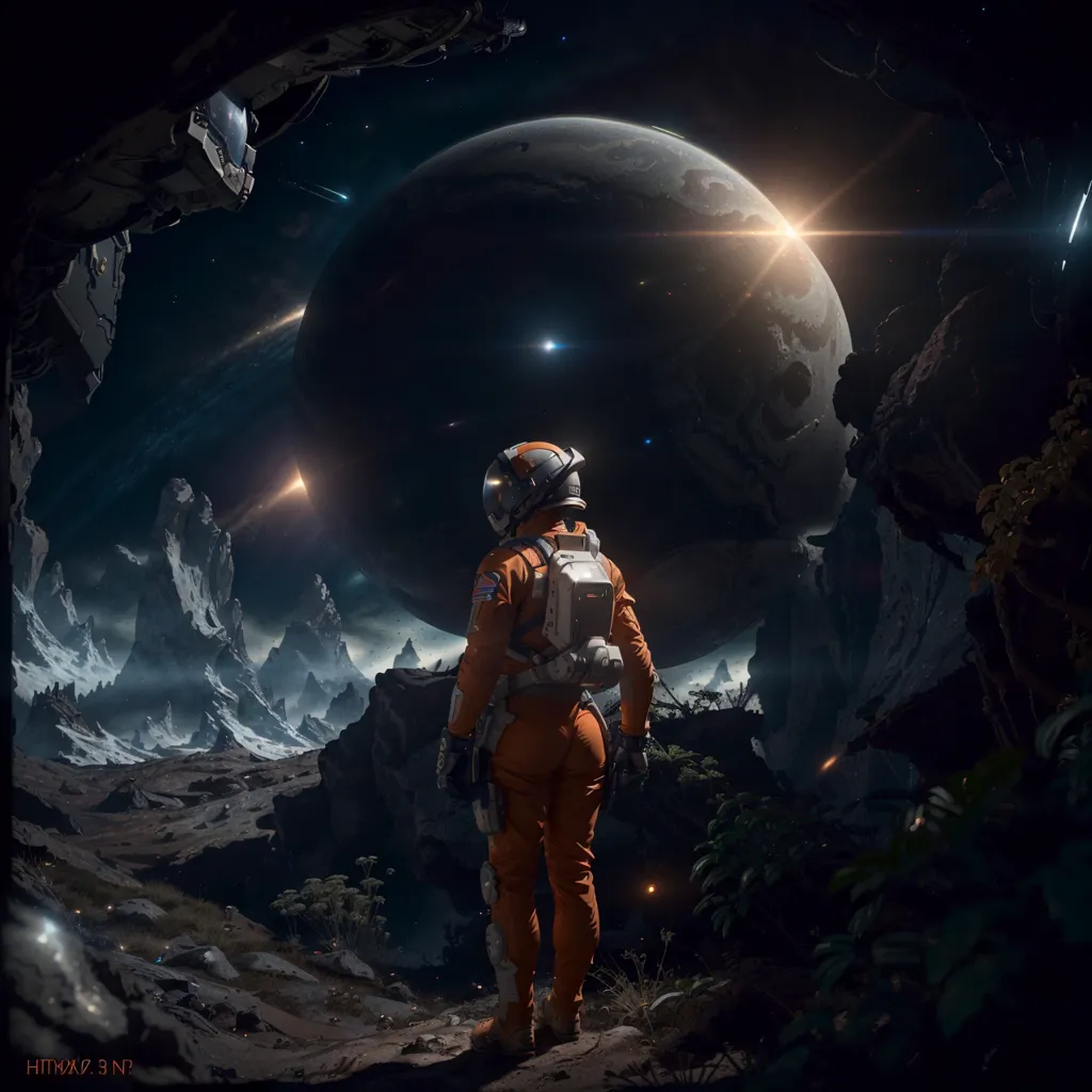 This is an image of an astronaut standing on a rocky moon or planetary landscape looking at a large moon or planet in the distance. There are stars in the sky and a bright light reflecting on the surface of the moon or planet in the distance. The astronaut is wearing an orange spacesuit with a white helmet and there are rock formations and a mountain range in the background.