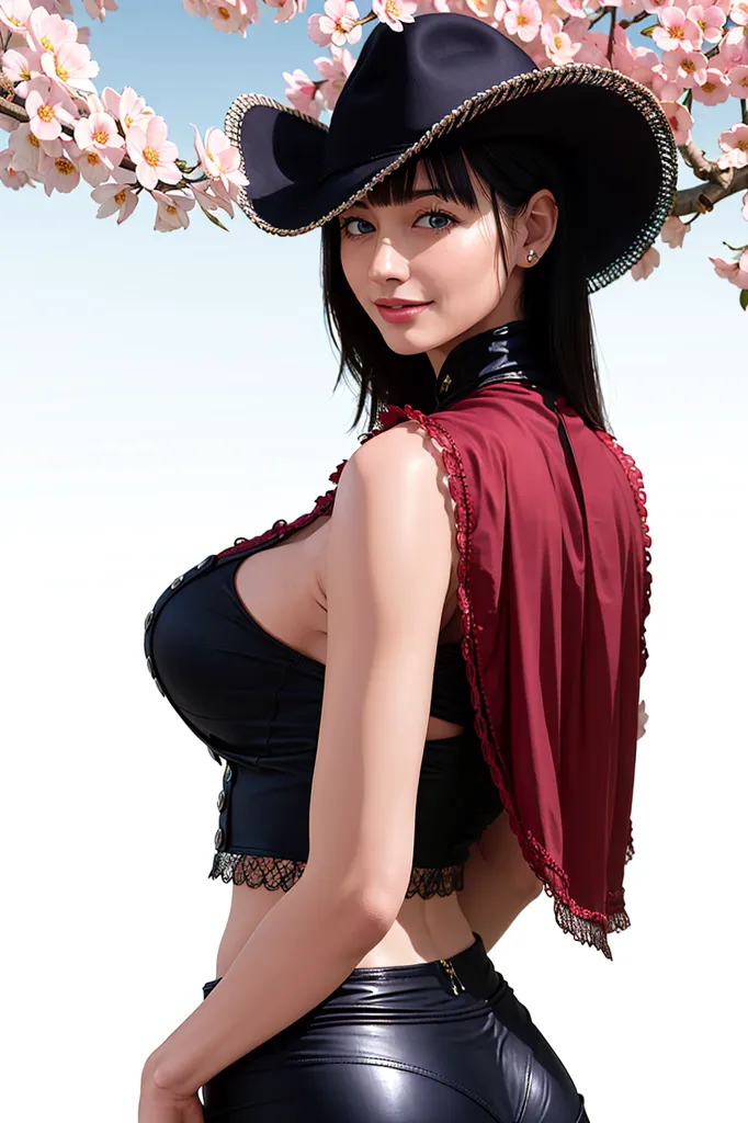 The image shows a young woman with long black hair and blue eyes. She is wearing a black cowboy hat, a red cape, and a black leather bodice. The woman is standing in front of a white background with a pink cherry blossom tree. She has a confident expression on her face and is looking at the viewer.