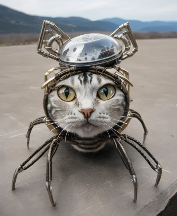 The image shows a cat wearing a steampunk-style helmet with a glass dome. The helmet is made of metal and has a complex design with many wires and rivets. The cat's eyes are visible through the glass dome, and it looks out at the viewer with a curious expression. The cat's body is not visible, but it appears to be sitting on a flat surface. The background of the image is a blurred landscape with mountains in the distance.