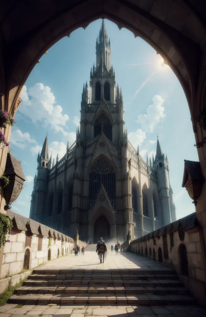 A imagem é de uma grande catedral gótica. É feita de pedra cinza e tem uma torre alta. A frente da catedral é decorada com entalhes intrincados. Há uma grande porta no centro da frente da catedral. Há duas grandes janelas de cada lado da porta. As janelas são preenchidas com vitrais. Há uma longa escadaria que leva à frente da catedral. Há pessoas subindo as escadas.