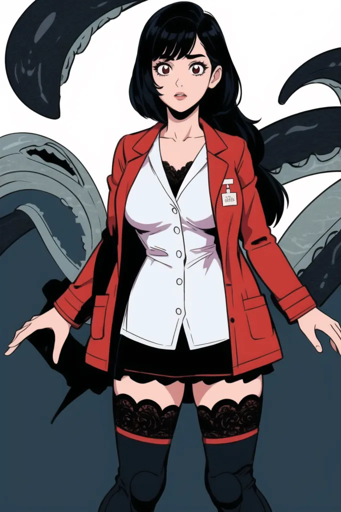 The image is of a young woman with long black hair and red eyes. She is wearing a white lab coat over a black bodysuit. She has black tentacles coming out of her back. The woman is standing in front of a white background, and she is looking at the viewer with a surprised expression on her face.