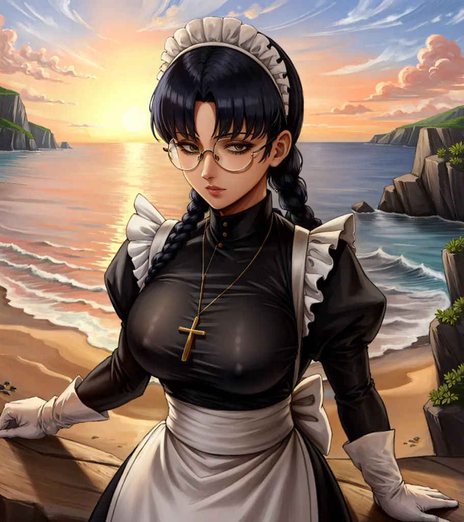 The picture shows a young woman with long black hair and glasses. She is wearing a black maid outfit with a white apron and a cross necklace. She is standing on a beach, with the sea and cliffs in the background. The sun is setting, casting a warm glow over the scene. The woman is looking at the viewer with a slightly melancholic expression.