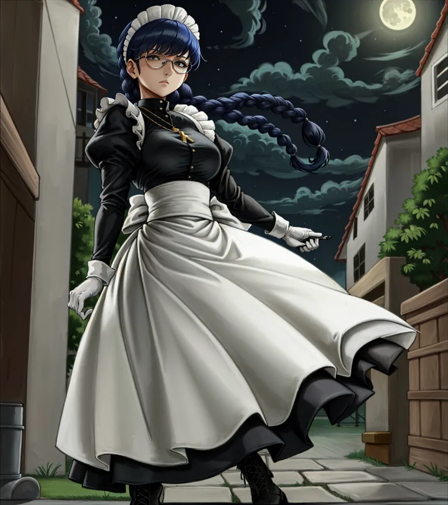 The picture shows a young woman with long black hair and blue eyes. She is wearing a black and white maid outfit with a long skirt and a white apron. She is also wearing a pair of glasses. She is standing in a dark alleyway with a full moon in the background. She has a serious expression on her face and is looking at the viewer.