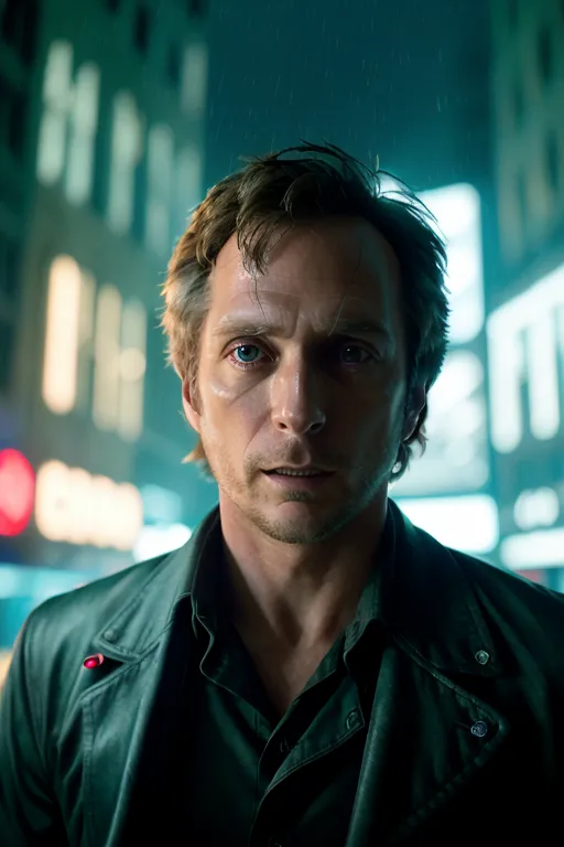 This is a picture of a man with short brown hair and blue eyes. He is wearing a black leather jacket and a dark green shirt. He is standing in a dark place with a building in the background. It looks like it is raining. The man looks sad and tired.