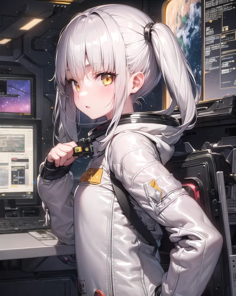 The image depicts a young girl with white hair and yellow eyes. She is wearing a white spacesuit with a black collar and black boots. There is a small yellow patch on her left arm. Her hair is tied up in two ponytails. She is standing in front of a control panel with a starry background.