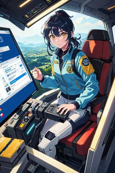 The image shows a young woman sitting in a cockpit of some kind of vehicle. She is wearing a blue and yellow jumpsuit with a white undershirt. She has long black hair and yellow eyes. She is looking at a computer screen in front of her. There are various buttons and switches on the control panel to her right. The background shows a green landscape with mountains in the distance.