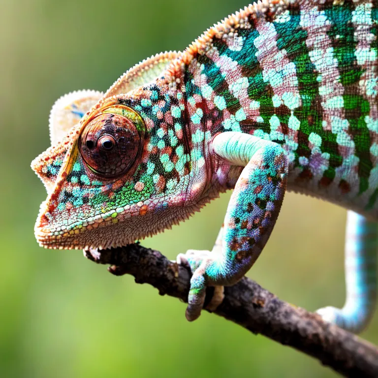 A bright green chameleon is perched on a branch. The chameleon's skin is covered in small, bumpy scales, and its eyes are a deep brown. Its long, forked tongue is sticking out of its mouth, and its tail is curled around the branch. The chameleon is perfectly camouflaged, and it would be difficult to spot it in the jungle.