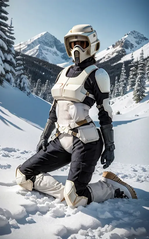 The image shows a woman wearing a white and black snow trooper outfit. She is kneeling in the snow and has her helmet on. The helmet has a visor that is covering her eyes. She is wearing a white and black bodysuit underneath her armor. She is also wearing black gloves and boots. The background of the image is a snow-covered mountain range.