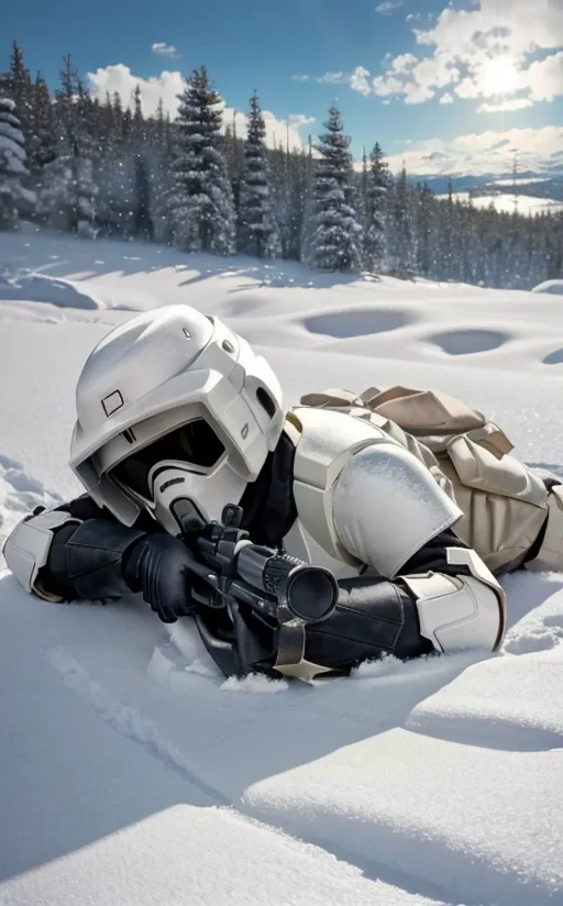 L'image montre un soldat en uniforme blanc et noir. Il porte un casque avec une visière et a un sac à dos sur le dos. Il est allongé dans la neige et vise avec une arme. Il y a des arbres et des montagnes en arrière-plan. Le soldat appartient à l'univers de Star Wars et est probablement un membre de l'unité des Snowtroopers de l'Empire.