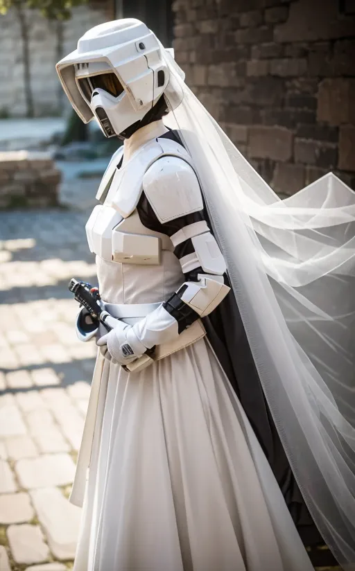 The image shows a bride wearing a white wedding dress and a Star Wars Stormtrooper helmet. The dress is made of white satin and has a fitted bodice with a sweetheart neckline. The skirt is full and flows out from the hips. The helmet is made of white plastic and has a black visor. The bride is carrying a bouquet of white flowers. She is standing in a stone courtyard, which is presumably the location of the wedding ceremony.