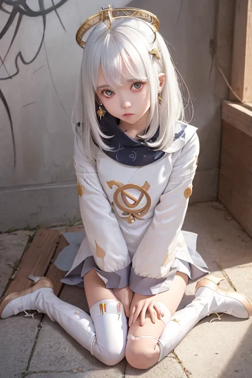 The image is of a young girl with white hair and gold eyes. She is wearing a white dress with a blue and gold collar. She is also wearing white boots and a gold halo. She is kneeling on the ground and looking at the camera with a shy expression. The background is a blur of light and dark colors.