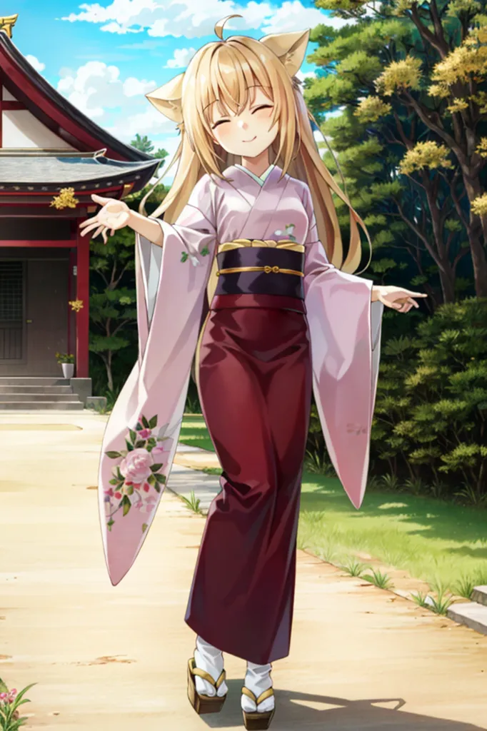 The image depicts a young woman, with cat ears, wearing a kimono. The kimono has floral patterns on the sleeves and the hem. The woman is standing on a stone path, with a traditional Japanese house in the background. The woman has her arms outstretched and her eyes closed.