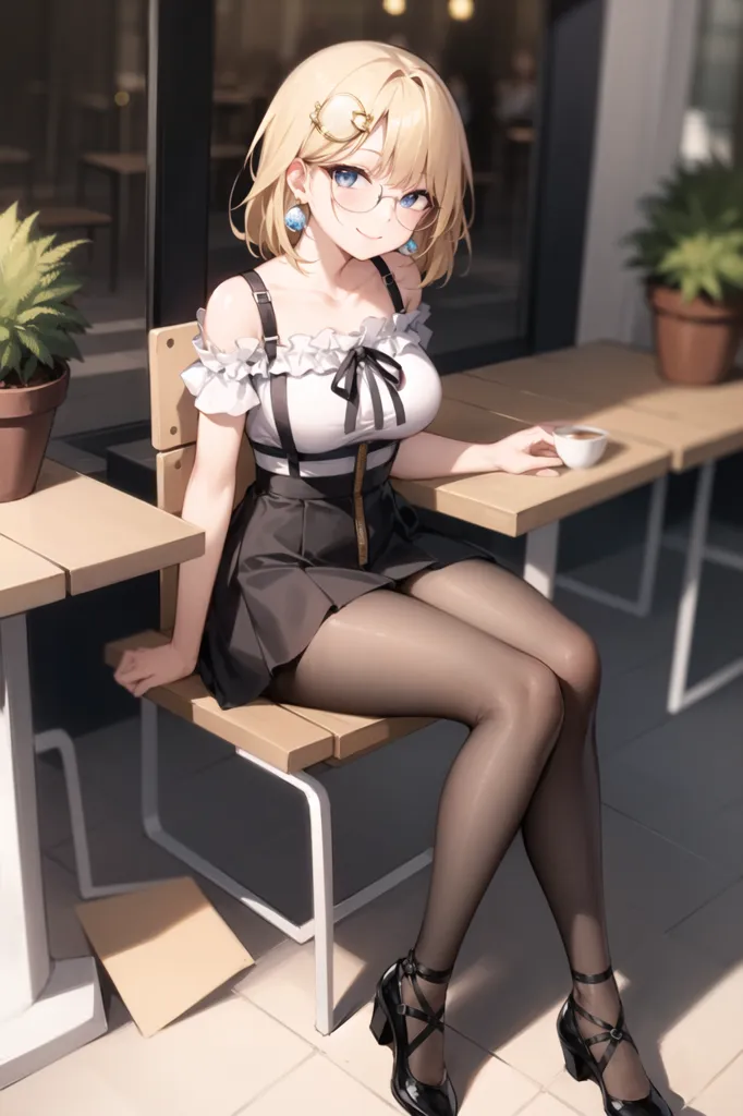 The image shows a young woman sitting on a chair in an outdoor seating area of a cafe. She has light blonde hair and blue eyes, and is wearing a white blouse, black skirt, and black pantyhose. She is also wearing glasses and a bow in her hair. She is holding a coffee cup in her right hand and has the other resting on her lap. There are plants in the background and the sun is shining brightly.