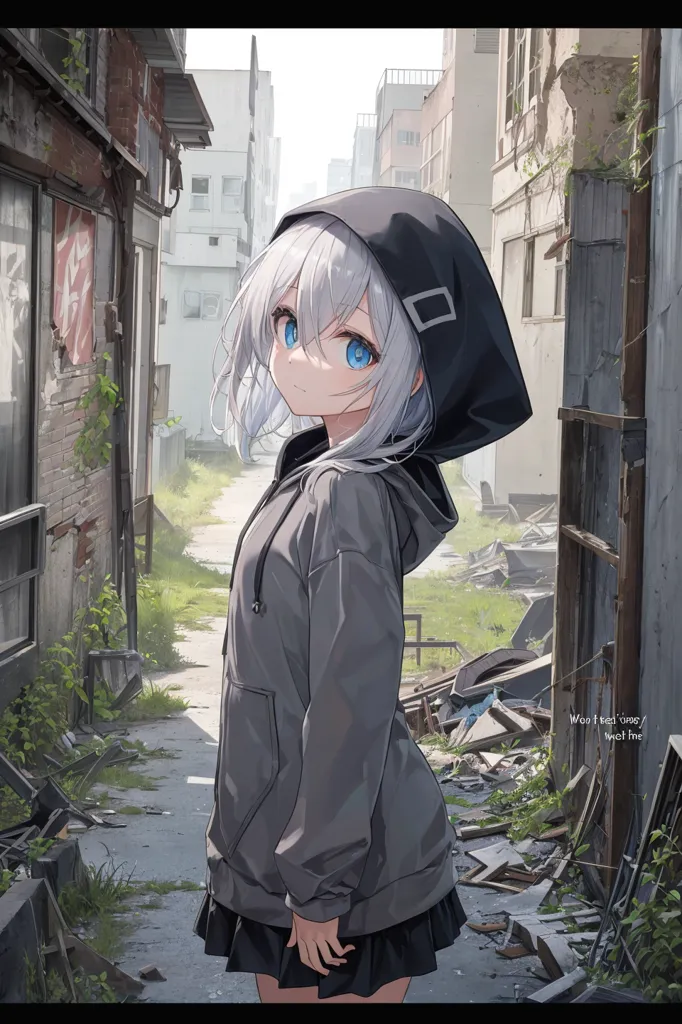 The image is a post-apocalyptic anime-style drawing of a young girl. She is standing in a destroyed city, with rubble and debris all around her. The girl is wearing a gray hoodie and a black skirt. She has white hair and blue eyes, and she is looking at the viewer with a sad expression. The image is drawn in a realistic style, and the details of the girl's clothing and the city are well-rendered. The image is also quite dark, which adds to the feeling of hopelessness and despair.