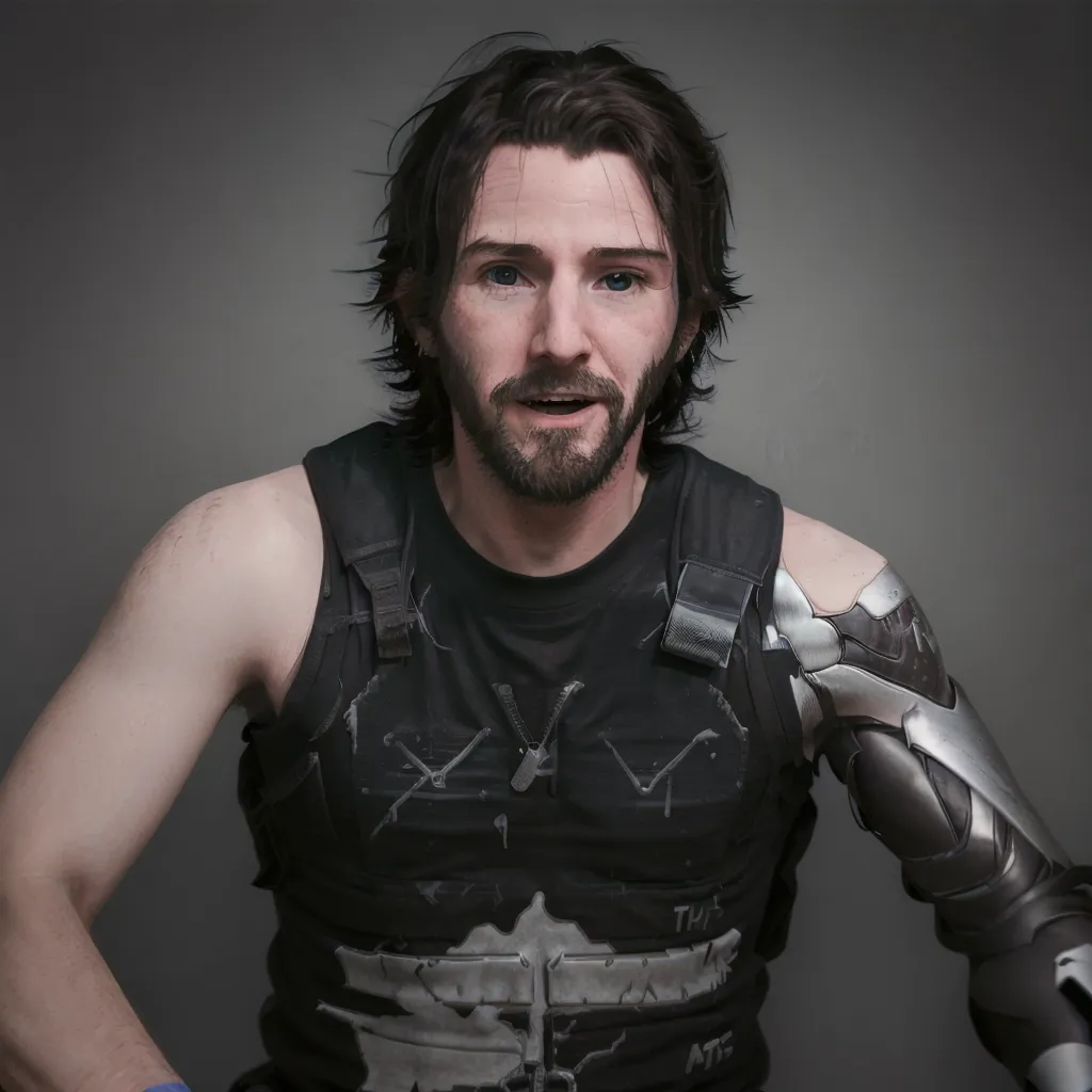 This is a portrait of a man with dark hair and blue eyes. He has a beard and a mustache. He is wearing a black tank top and a black vest with silver details. His right arm is cybernetic.