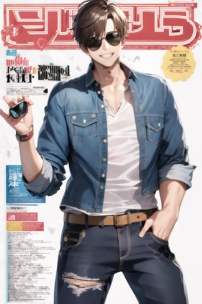 The image shows a young man wearing a white T-shirt, blue jeans, and a denim jacket. He has sunglasses on and is holding another pair of glasses in his right hand. He is standing with his left hand in his pocket and has a confident expression on his face. There is Japanese text on the left side of the image and a photo of a woman in a bikini on the right side.