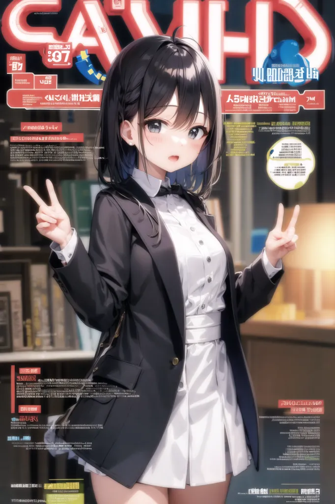 The image is of a young woman with long black hair and blue eyes. She is wearing a white shirt, a black jacket, and a black tie. She is making a peace sign with both hands. There is Japanese text on the left and right sides of the image.