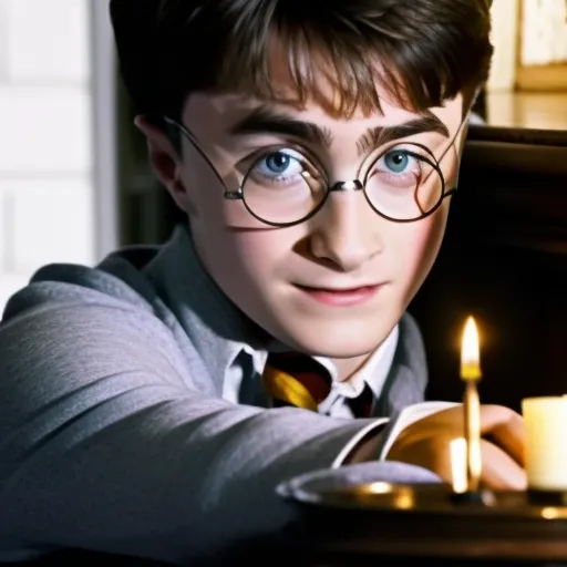 This is a picture of Harry Potter, a character from the Harry Potter series. He is a young boy with messy black hair and green eyes. He is wearing glasses and a Hogwarts uniform. He is sitting at a table with a candle in front of him. He has a thoughtful expression on his face.