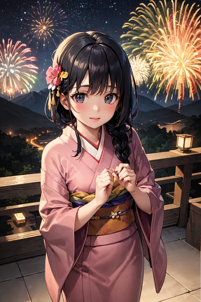 The image is of a young girl in a pink kimono standing on a balcony, with fireworks exploding in the background. The girl has long black hair, blue eyes, and is wearing a pink kimono with a white obi. She has a flower in her hair and is looking at the fireworks with a smile on her face. The background is a dark sky with many fireworks of different colors.