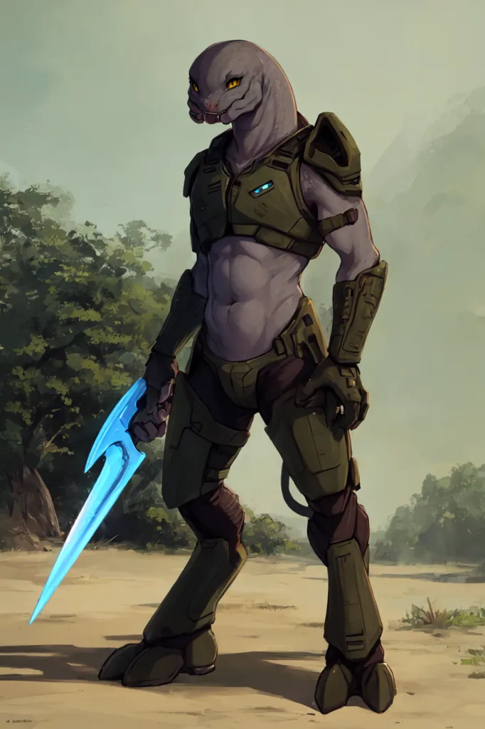 The image is of a Sangheili female, a reptilian species from the Halo video game series. She is wearing olive-colored armor and holding an energy sword. The background is a blurred landscape of a forest.