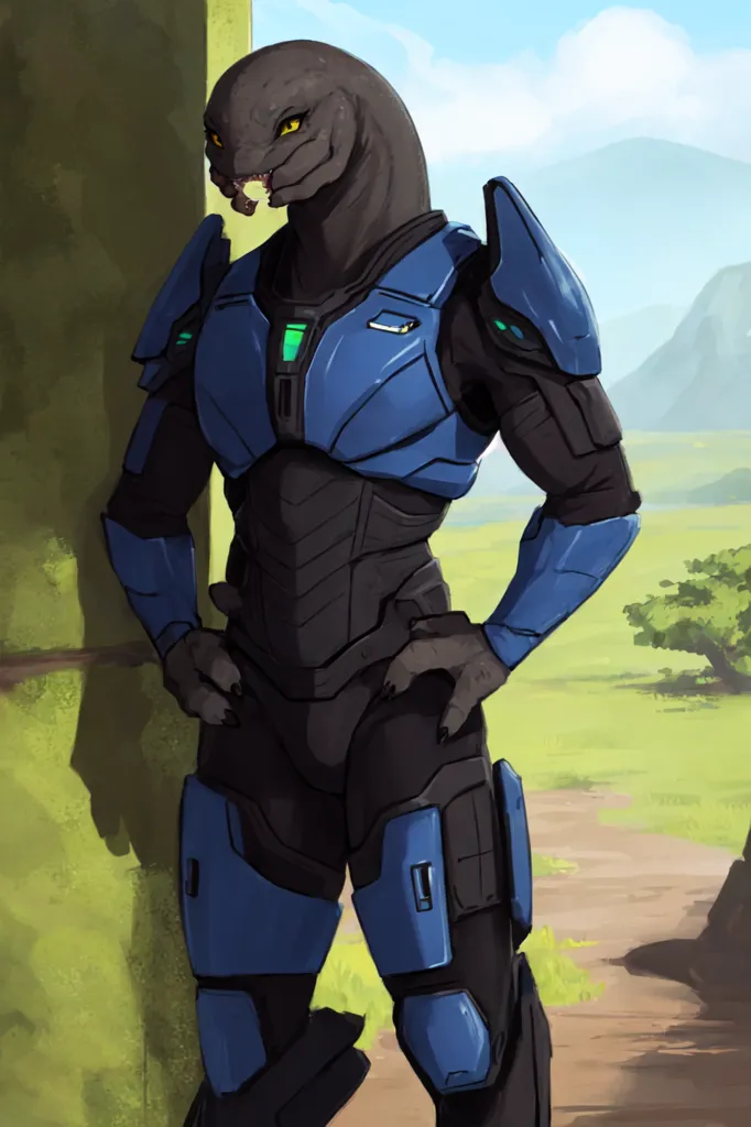 The image is of a Sangheili, a fictional alien race from the Halo video game series. The Sangheili are a reptilian species with a strong military culture. The Sangheili in the image is wearing blue and black armor and has a confident expression on its face. It is standing in a relaxed pose with one hand on its hip and the other on its chest. The background of the image is a grassy field with trees and mountains in the distance.