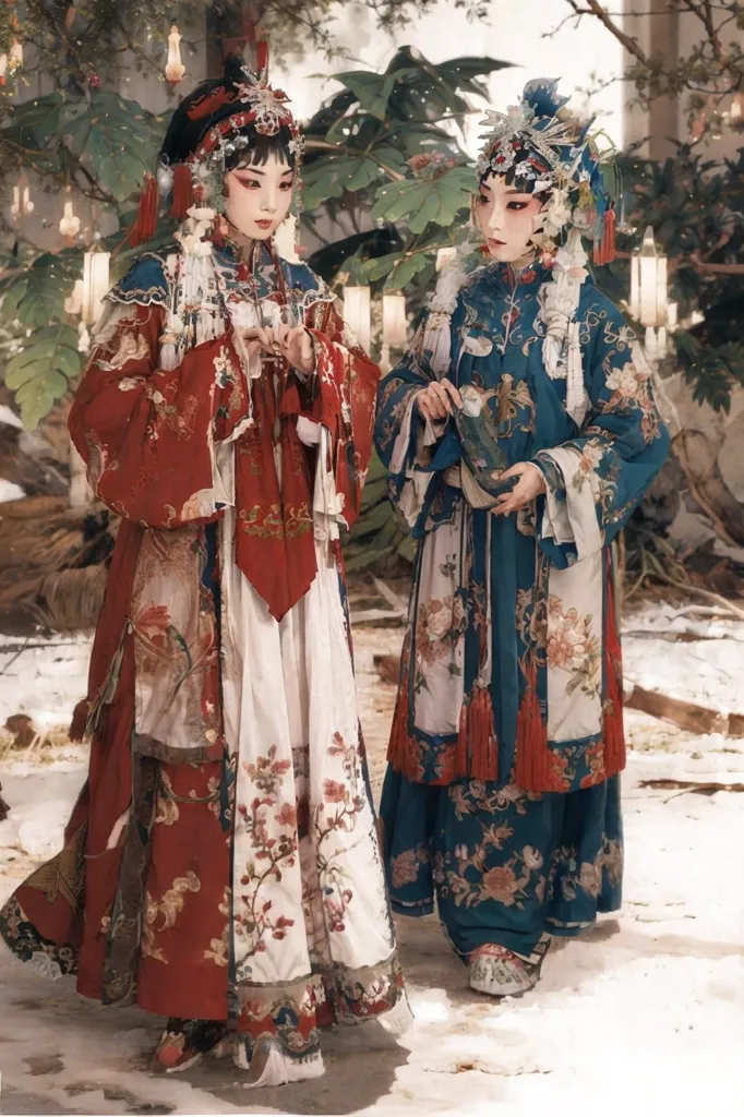 The image shows two women in traditional Chinese opera costumes. The women are standing in a garden, with a tree and a lantern in the background. The woman on the left is wearing a red and white costume, while the woman on the right is wearing a blue and white costume. Both women are wearing elaborate headdresses and jewelry. The image is a beautiful and evocative portrayal of traditional Chinese culture.