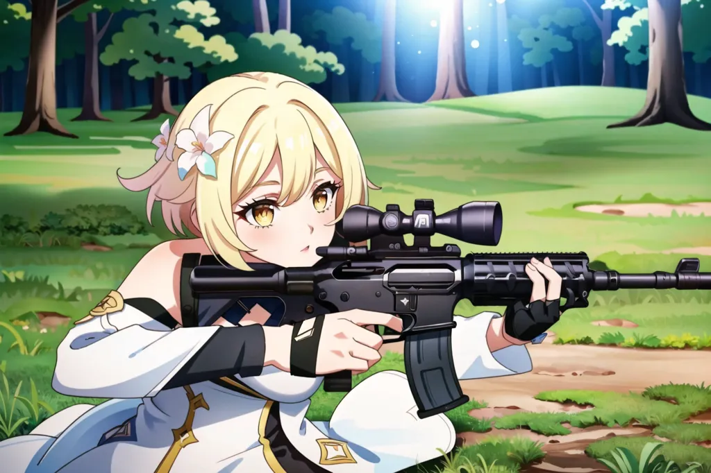 The image is of a young woman in a white dress with blonde hair and yellow eyes. She is holding a black and gray assault rifle and is aiming it at something. She is in a forest with green trees and grass. The background is blurred, and the sun is shining brightly.