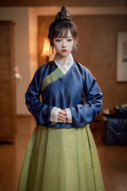 The image shows a young woman wearing a traditional Chinese Hanfu dress. The dress is blue and green with white trim. The woman has her hair in a bun and is wearing a traditional Chinese headdress. She is standing in a room with a traditional Chinese interior.