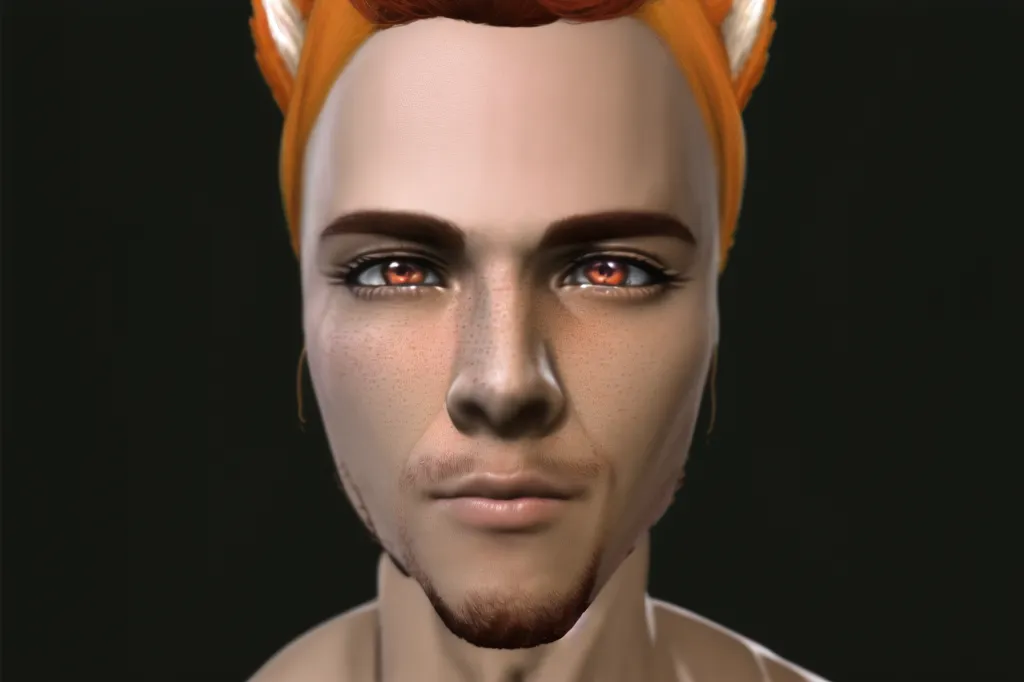 This is a 3D rendering of a male character with fox ears. He has orange hair and eyes, and a light skin tone. He is wearing a black choker and has a small stud earring in his left ear. His expression is slightly smug.