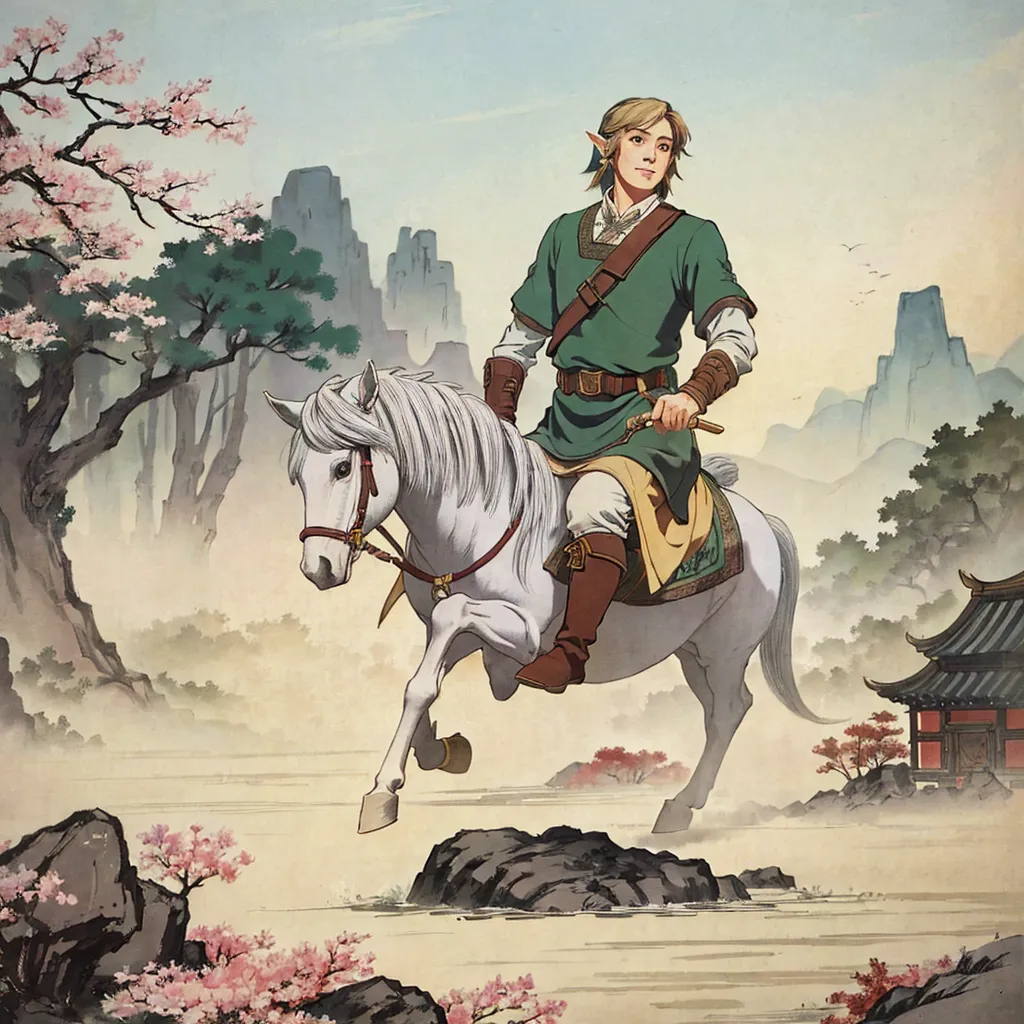 The image is in a traditional Chinese painting style. It depicts Link, the protagonist of the Legend of Zelda video game series, riding a white horse. Link is wearing a green tunic and brown boots, and he has his sword sheathed at his waist. The horse is galloping through a field of pink flowers, and there are mountains in the background. The image is very peaceful and serene, and it captures the beauty of the natural world.