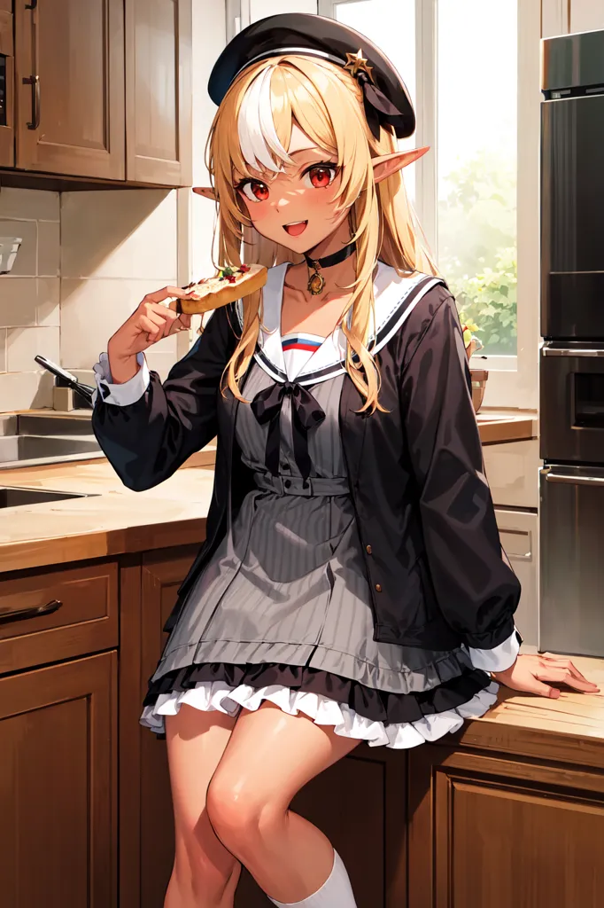 The image depicts an anime-style girl with long, wavy blonde hair and red eyes. She is wearing a black beret, a gray and white striped dress, and a black jacket. She is also wearing a necklace and white socks. She is standing in a kitchen, and there is a plate of food on the counter behind her. She has a piece of toast in her hand and is smiling.