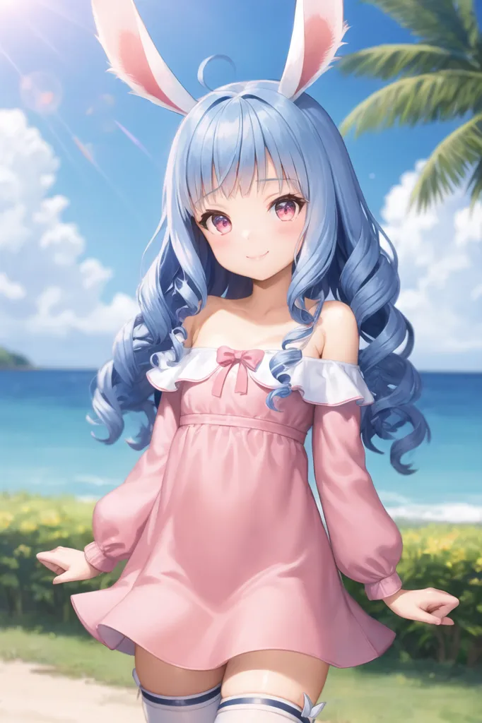 The image is of an anime girl with long blue hair and rabbit ears. She is wearing a pink dress with a white bow on the chest. She is standing on a beach with the ocean behind her. There are palm trees on the beach. The sky is blue and there are white clouds. The sun is shining. The girl is smiling.