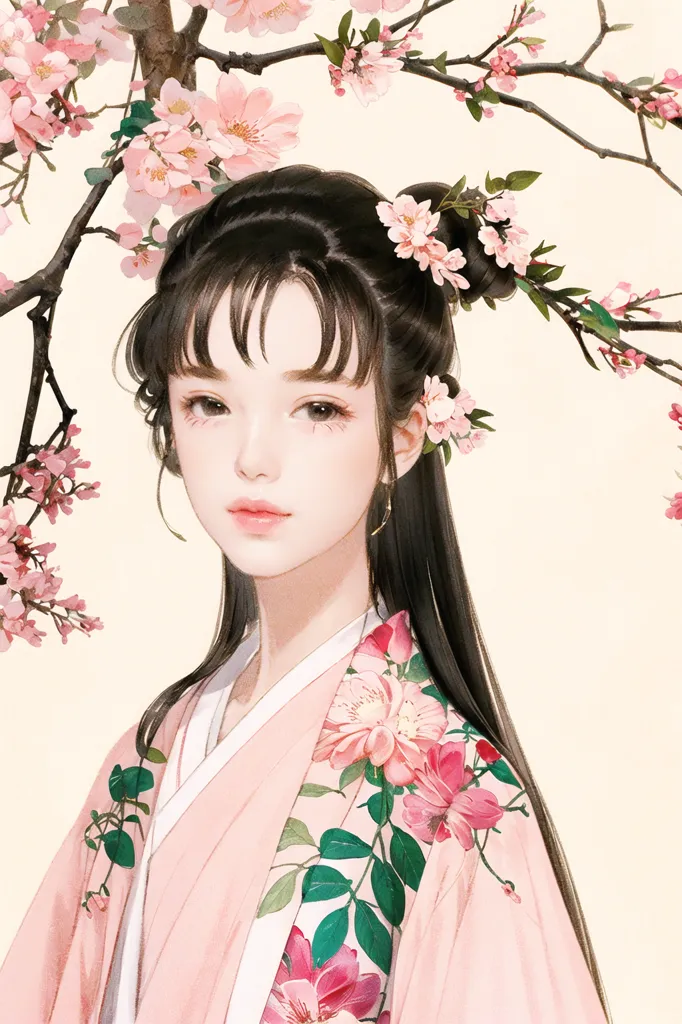 The image is a painting of a young woman in a pink kimono with white and green floral designs. The woman has long black hair with pink and white flowers in it. There are also pink and white flowers in the background. The woman is looking at the viewer with a slight smile on her face.