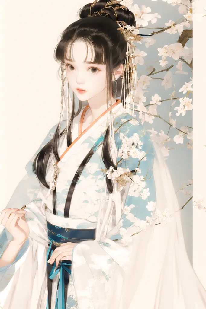 The image is a painting of a young woman in a white and blue hanfu dress with a white and pink flower pattern. She has long black hair with a pink and gold hairpiece. There are white and pink flowers in the background. The woman is looking at the viewer with a gentle smile on her face.