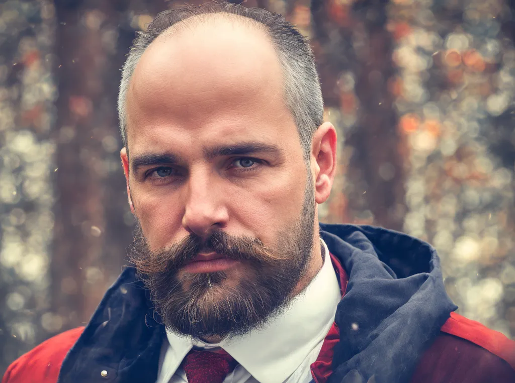 La imagen muestra a un hombre con barba y bigote. Lleva una camisa blanca, corbata roja y chaqueta negra con una capa roja. El fondo está desenfocado.