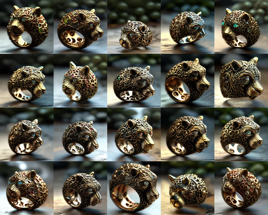 La imagen muestra 18 anillos de oro diferentes. Cada anillo tiene un diseño único, pero todos presentan la cabeza de un leopardo. Los leopardos se representan en diferentes posiciones y con diferentes expresiones. Algunos de los anillos tienen piedras preciosas, como esmeraldas, rubíes y zafiros. Los anillos están hechos de oro amarillo y tienen un acabado pulido.