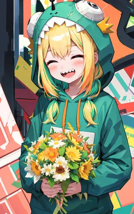 The image depicts a young girl with long, blonde hair and green eyes. She is wearing a green hoodie with a dinosaur hood and a bouquet of yellow and white flowers in her hands. The background is a blur of city lights. The girl is smiling and has a happy expression on her face.