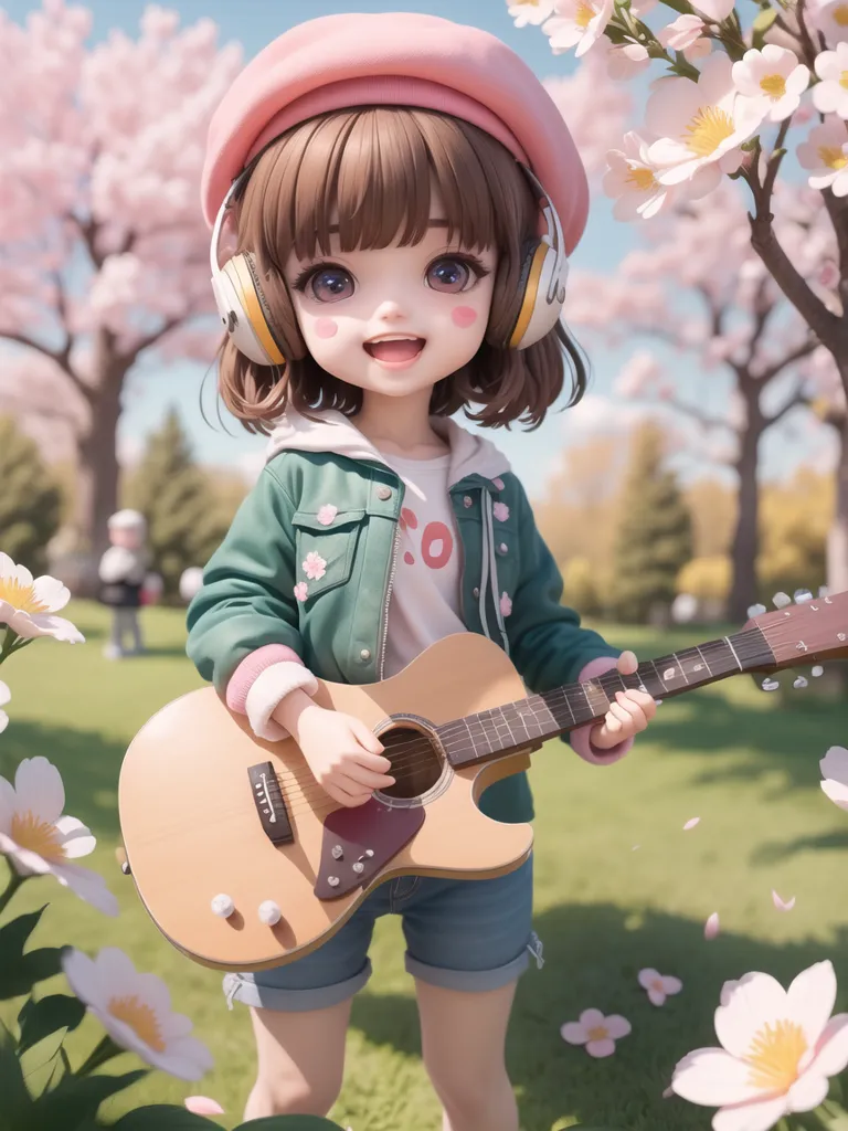The image shows an anime girl with brown hair and pink eyes. She is wearing a pink beret, green headphones, and a white shirt with a pink jacket. She is playing a brown guitar and there are pink flowers all around her. She is standing on a green field with trees in the background. The image has a soft, warm, and happy feeling to it.