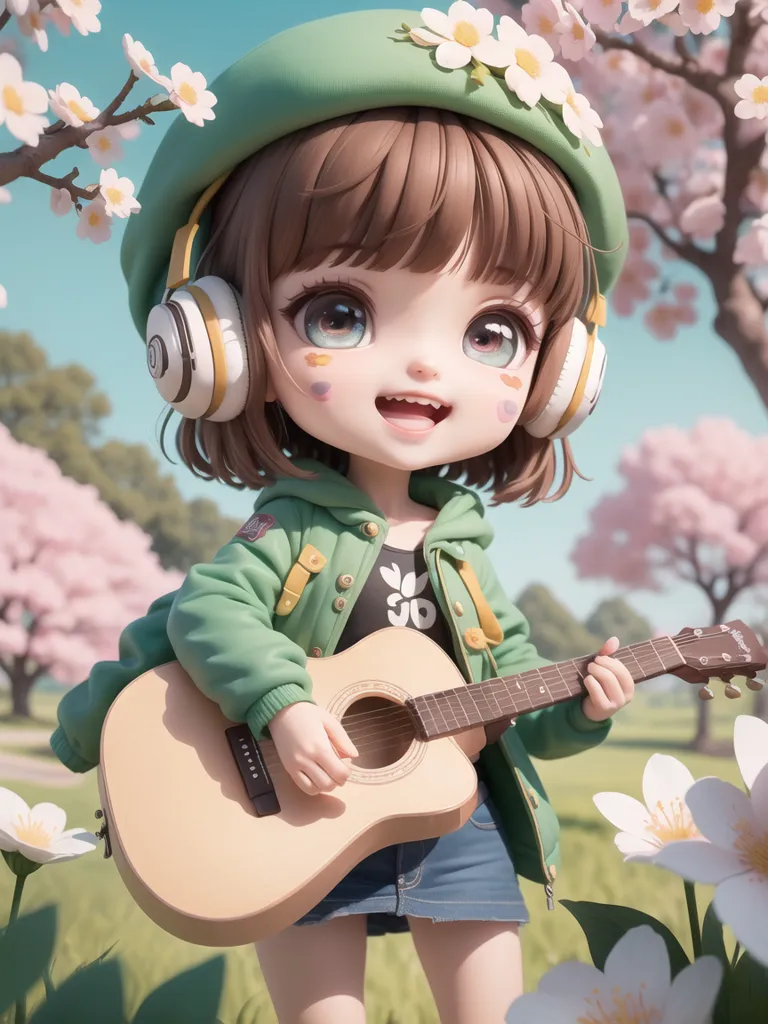 The image shows an anime-style chibi girl with brown hair and blue eyes. She is wearing a green beret with white flowers, a green jacket, and a denim skirt. She is playing a brown acoustic guitar and there are white flowers and green grass all around her. The background is a blue sky with white clouds. The girl is smiling and has her eyes closed.